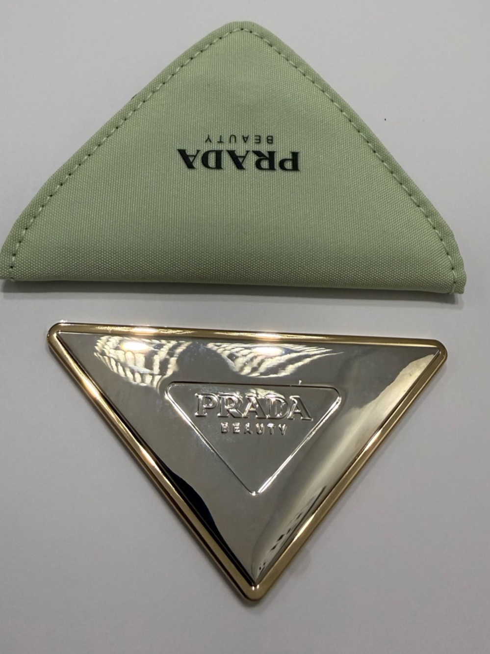 Prada Triangle Compact Mirror in Mint Green and Gold